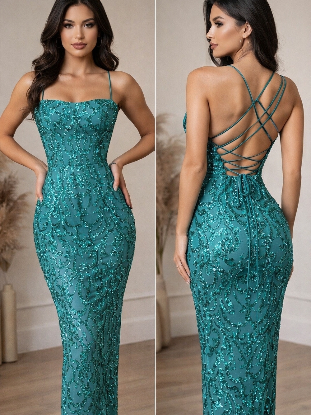 Teal Sequin Mesh Strappy crisscross straps Long Bodycon Dress Sleeveless XS